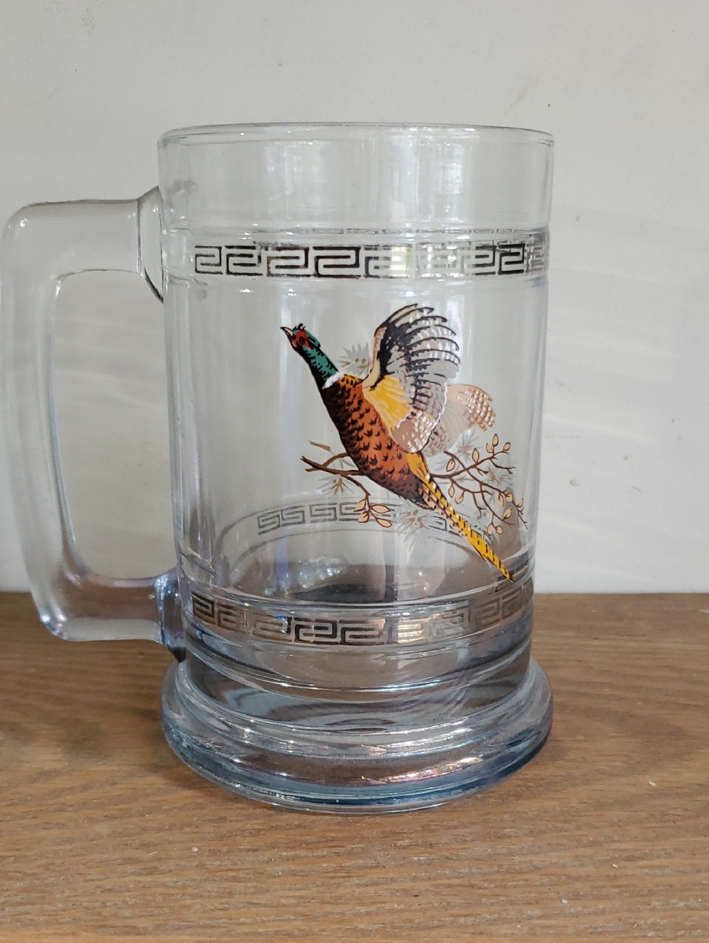 Decorative Pheasant Glass Beer Mug - Clear with Multicolor Pheasant